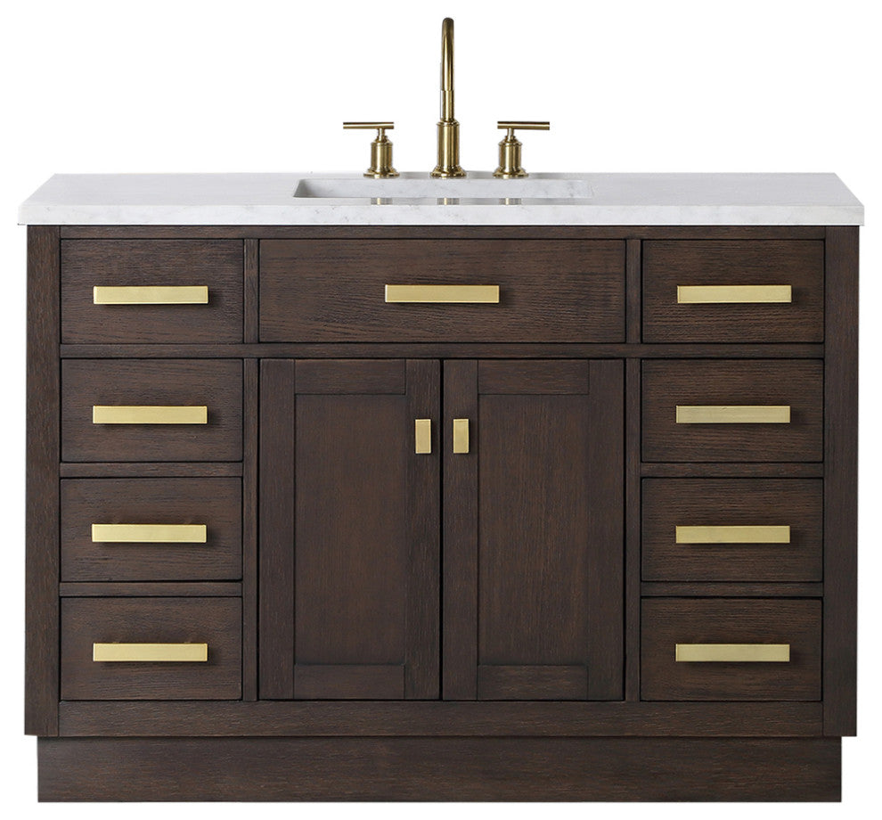 Chestnut 48" Bath Vanity, Brown Oak, Faucet, Satin Gold Hardware