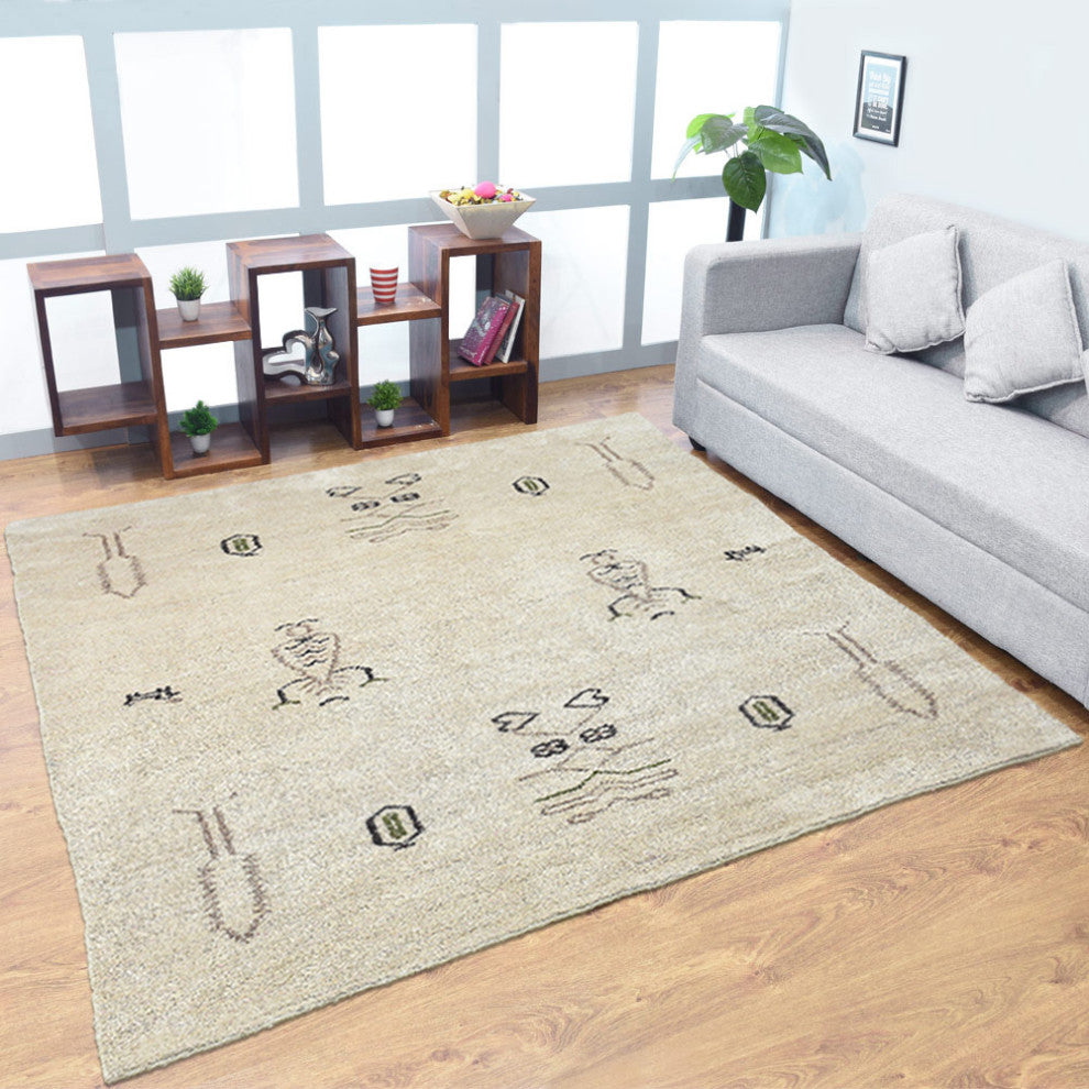 HAND KNOTTED LOOM SILK ECO-FRIENDLY AREA RUGS -10'x10',Square,Cream,Contemporary