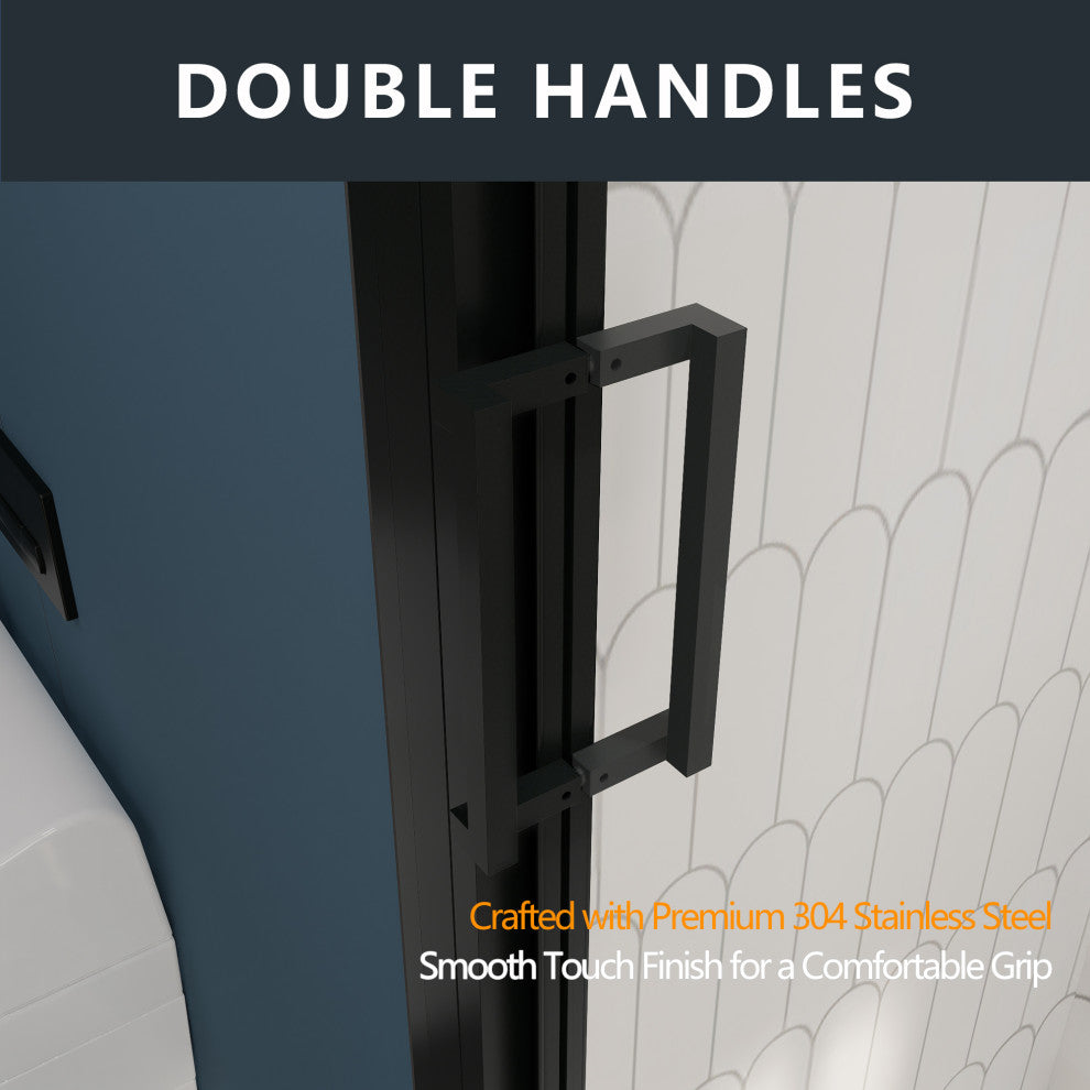 3-Panel Sliding Semi-Frameless Shower Door in Matte Black Finish, 54"x70"