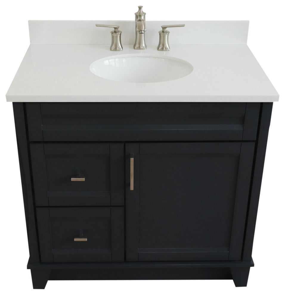 37" Single Sink Vanity, Dark Gray Finish With White Engineered Stone Top