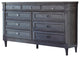 Benzara BM280355 Dresser, 9 Drawers, Metal Ring Handles, Wood, Gray and Silver