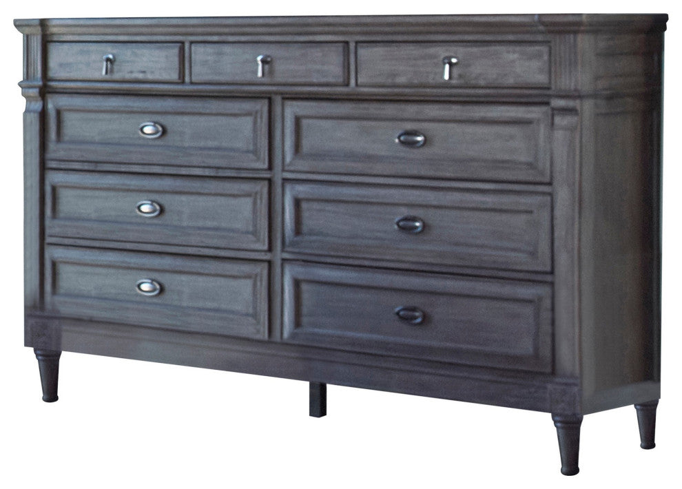 Benzara BM280355 Dresser, 9 Drawers, Metal Ring Handles, Wood, Gray and Silver