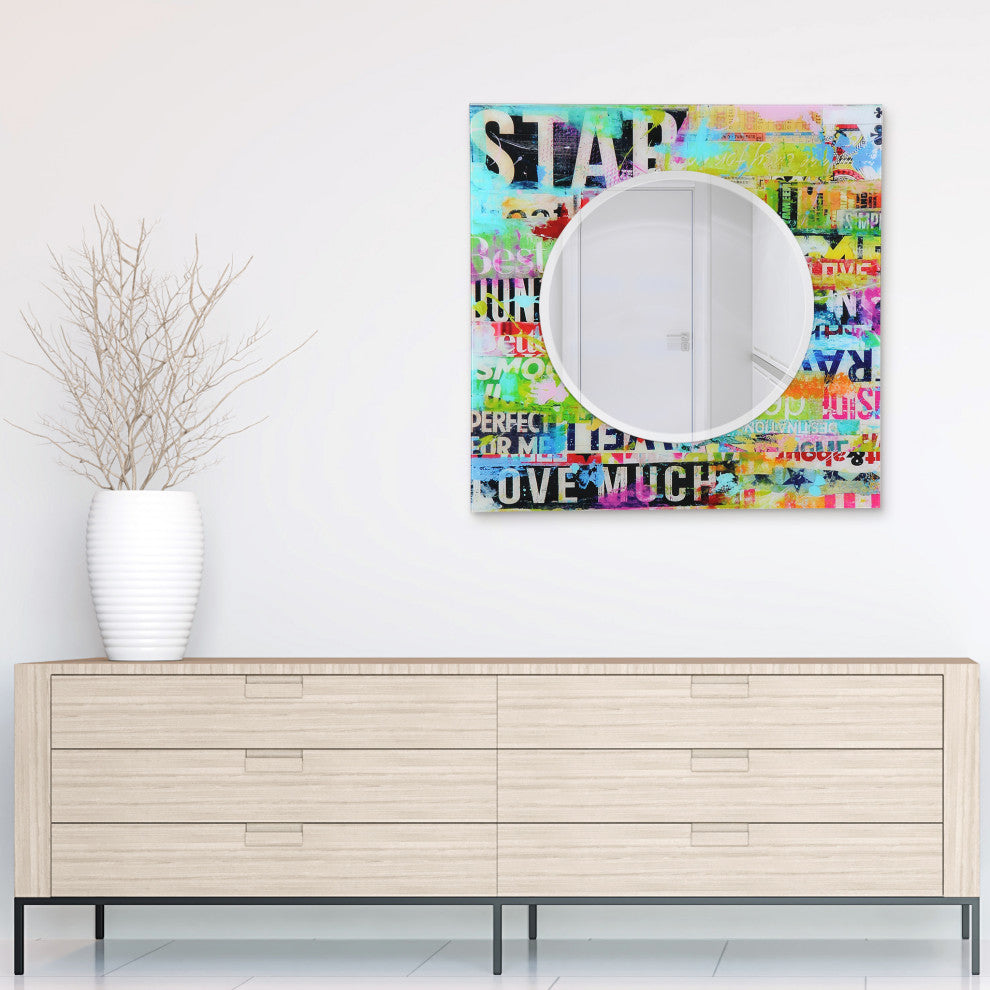 "Star" Square Beveled Wall Mirror on Free Floating Printed Tempered Art Glass