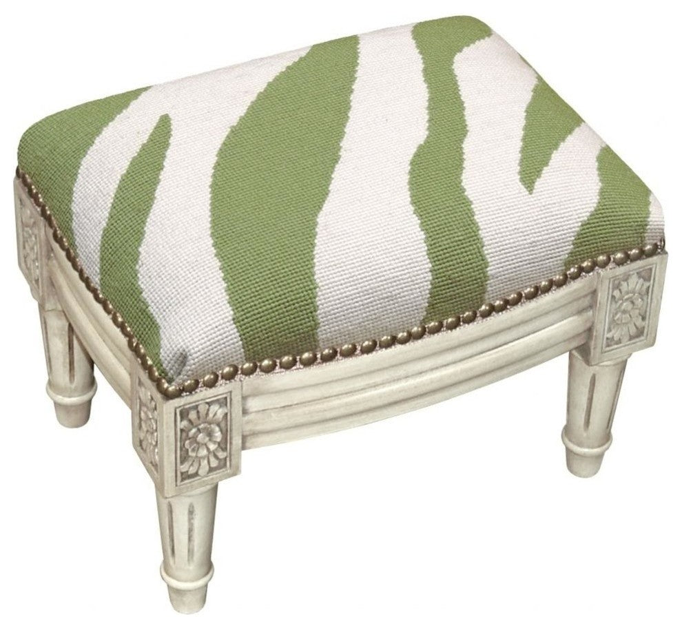 Zebra Wool Needlepoint Wooden Footstool, Green With Antique White Wash