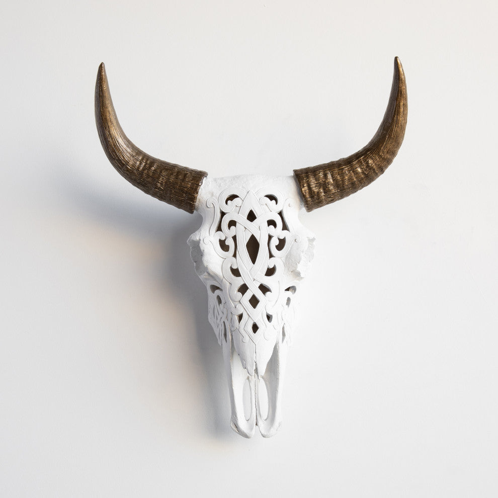 Faux Cow Skull Decorative Carved Bison Skull Wall Decor, White and Bronze