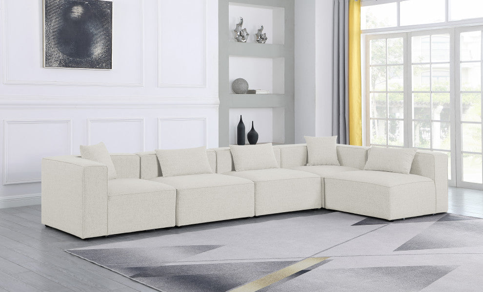 Cube Upholstered Modular Sectional, Cream, 5-Piece: 3 Armless Chair, 2 Corner Chair, Linen Texured Fabric