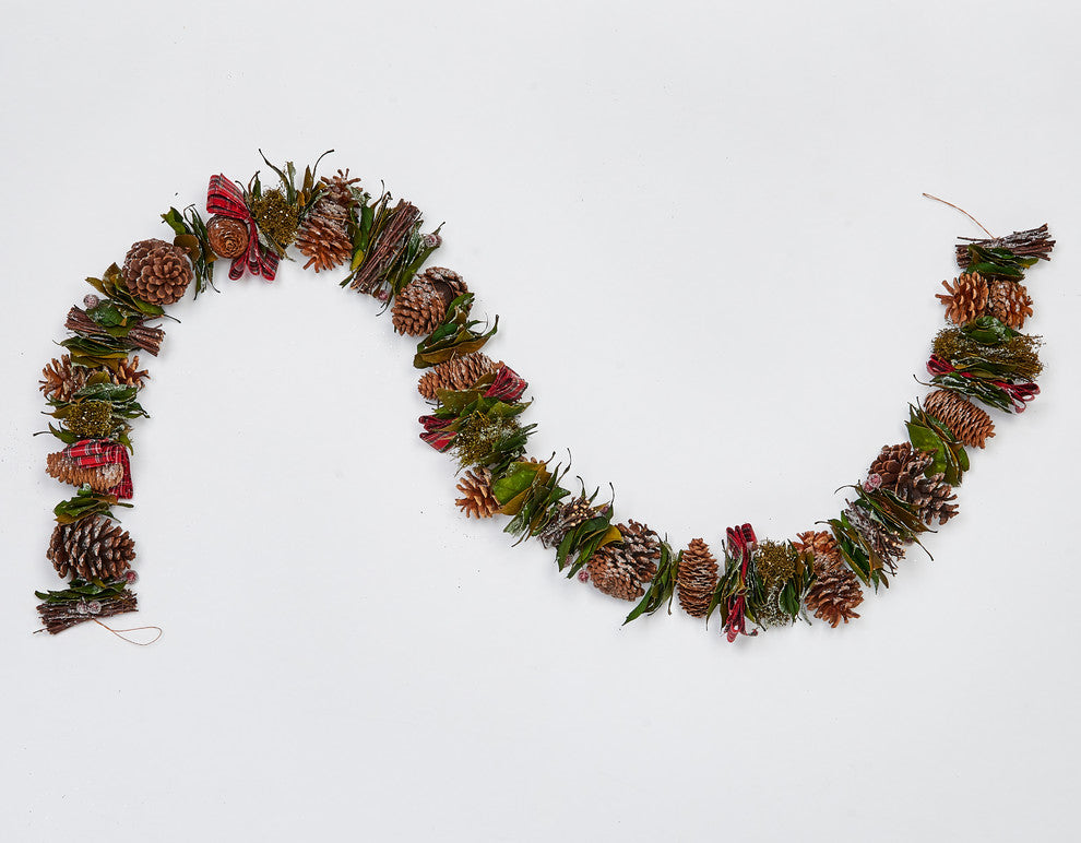 Mixed Cones, Green Bay Leaf, Ribbon Twigs Berries Garland, 66"