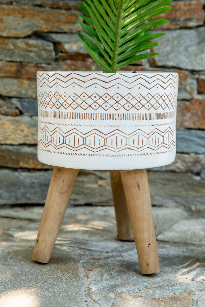 10" Tribal Fiberglass Planter, White