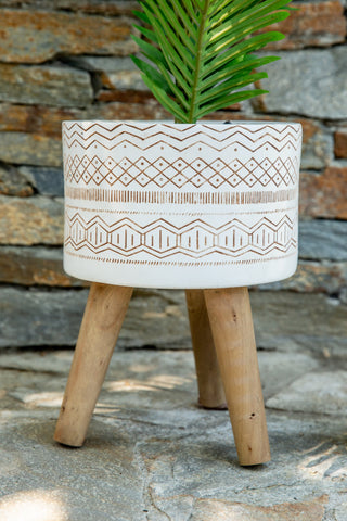 10" Tribal Fiberglass Planter, White