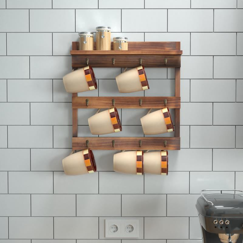 Campbell Wooden Wall Mount Mug Rack, Rustic Brown