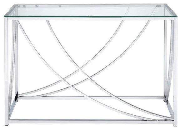 Glass Top Rectangular Sofa Table with Swooping  Curves, Clear and Silver