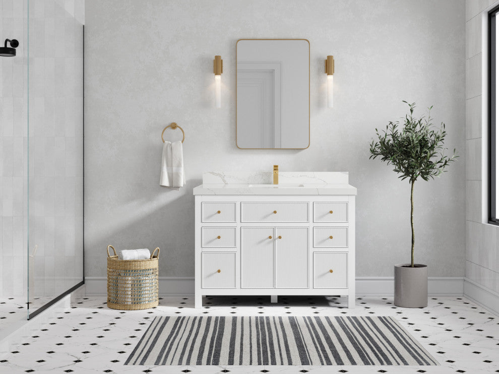 Sonoma 48 Single Sink Reeded Bath Vanity in White 2" Calacatta Laza