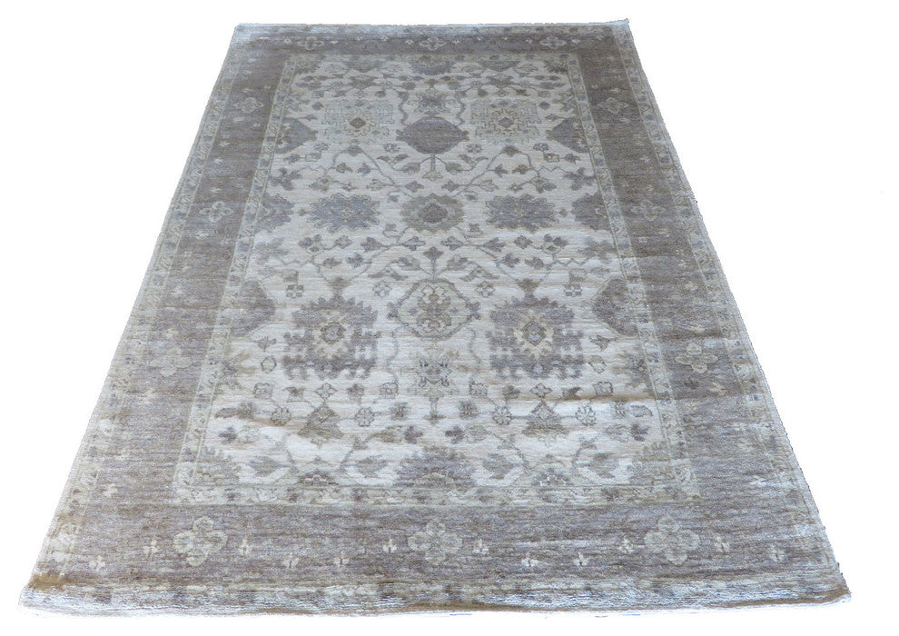 6'x9' Hand Knotted Ivory & Gray Bamboo Silk Oushak Oriental Rug
