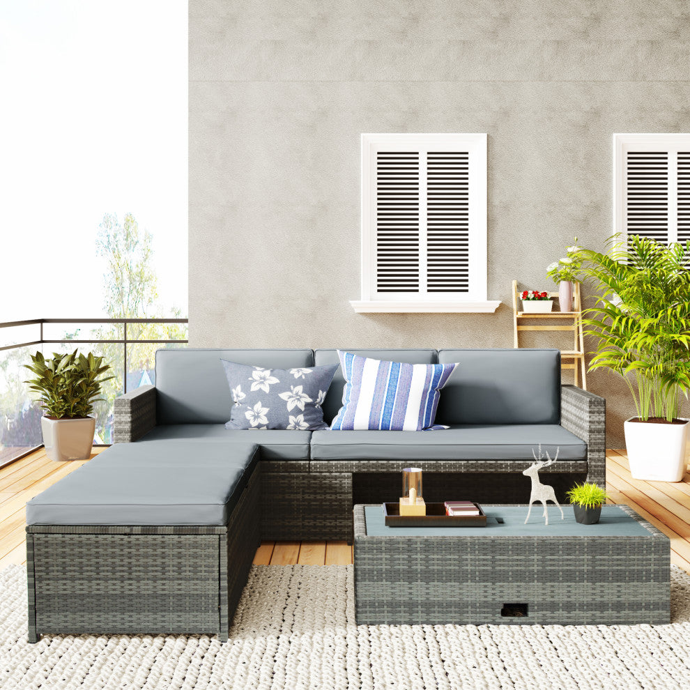 4 Pieces Outdoor Rattan Patio Sectional Sofa Set With Retractable Table