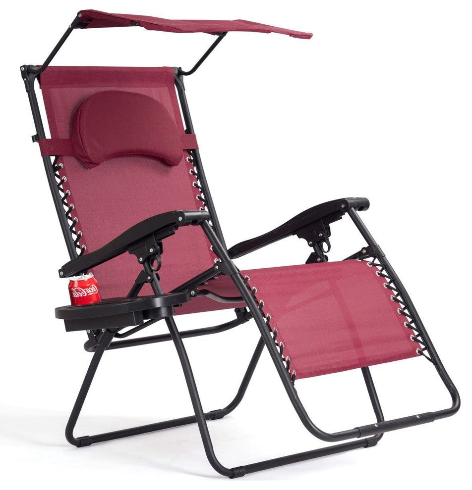 Folding Recliner Lounge Chair With Shade Canopy Cup Holder, Wine