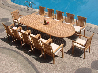 9-Piece Outdoor Teak Dining Set, 117" Oval Table, 8 Wave Stacking Arm Chairs