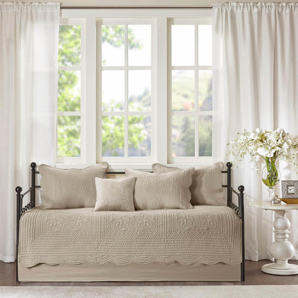 Madison Park Tuscany 6 Piece Reversible Scalloped Edge Daybed Cover Set, Khaki