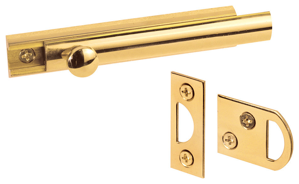 Surface Bolt, 4", Solid Brass Construction, Polished Brass Finish, 2-keepers
