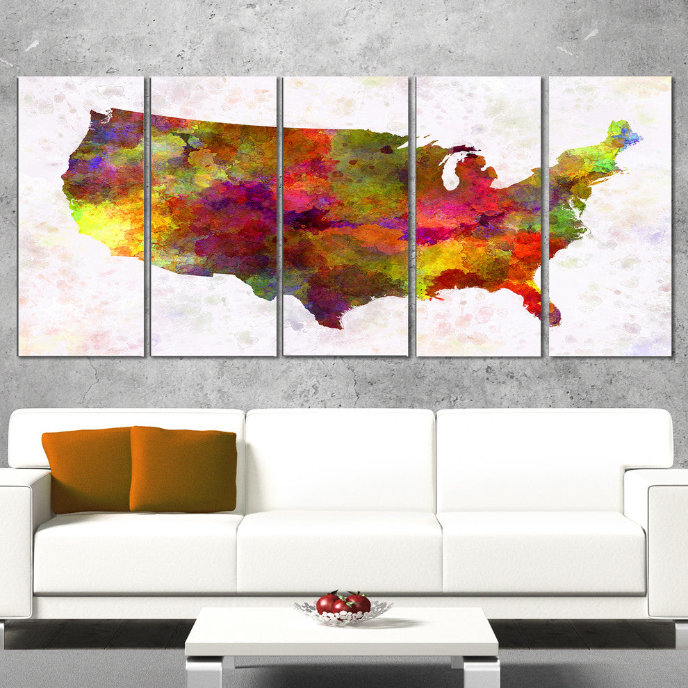 "United States Map in Colors" Watercolor Painting Wall Art, 5 Panels, 60"x28"