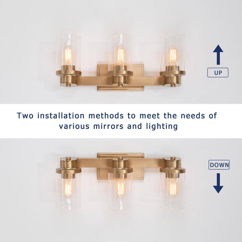 LNC 3-Light Gold Modern Bathroom Vanity Light, Seeded Glass