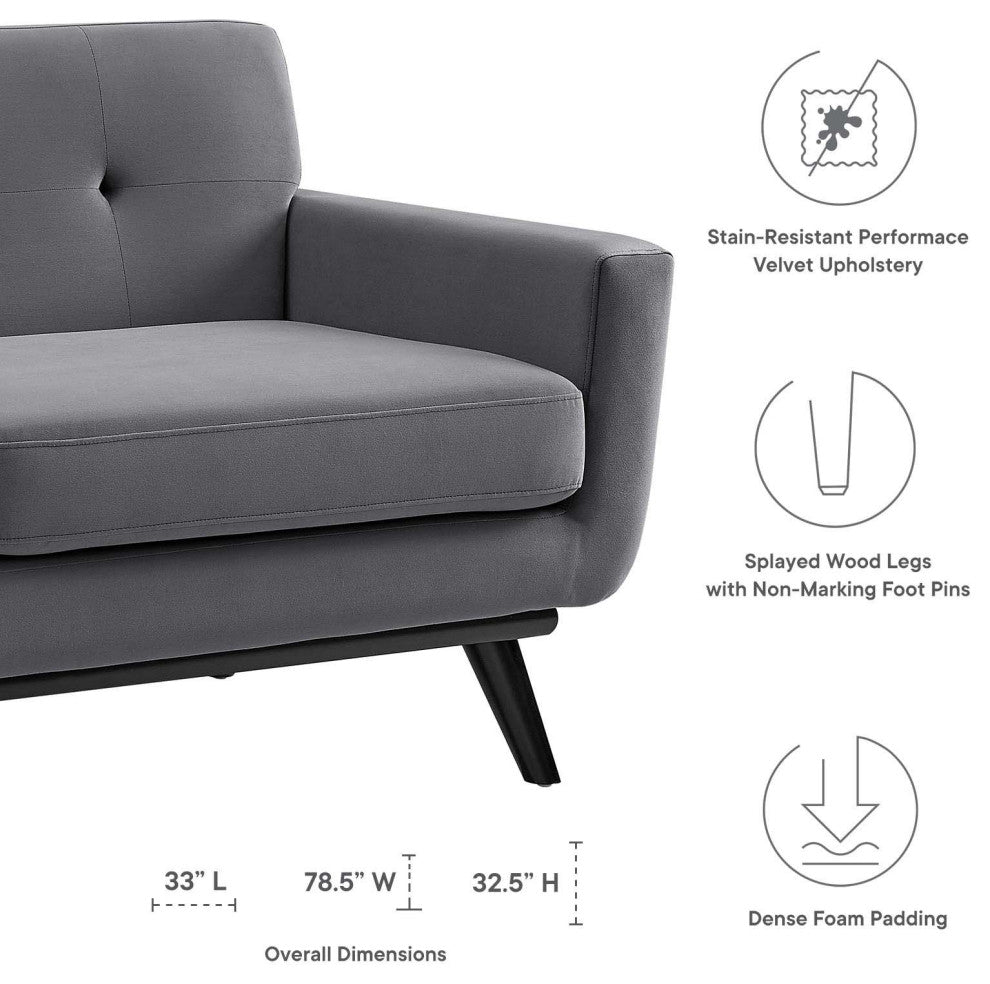 Loveseat Sofa, Gray, Velvet, Modern, Mid Century Hotel Lounge Cafe Lobby