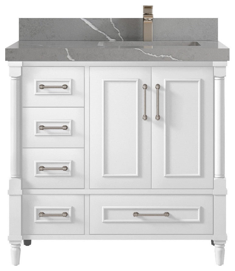 Aberdeen 36 Right Offset Bath Vanity in White 2" Piatra Gray