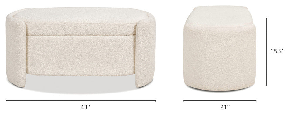 Fuji 43" Upholstered Oval Storage Bench, Ivory White Boucle