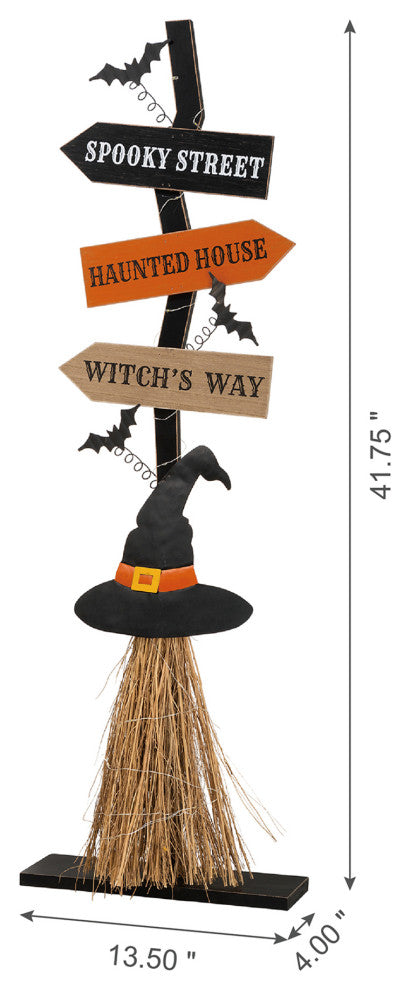 42"H Lighted Wooden Witch's Broom Porch Decor