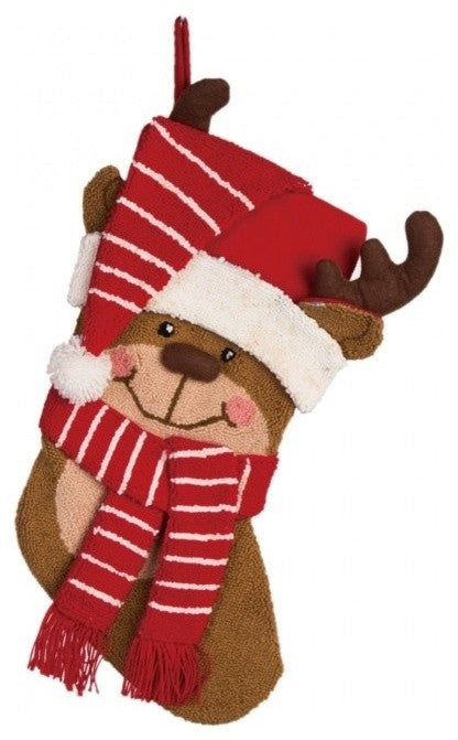 19"L Hooked Stocking, 3D Reindeer