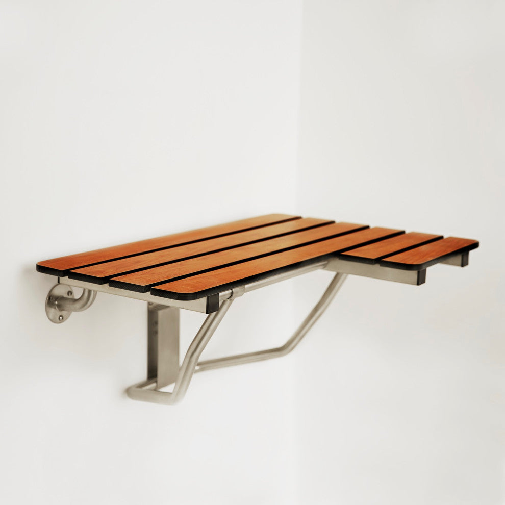 ADA Wall Mount Folding Teak Phenolic Transfer Bench Shower Seat, Left-Handed 26"