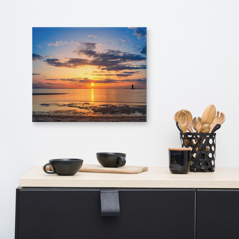 Sunset at Breakwater Lighthouse Coastal Landscape Photo Canvas Print, 16" X 20"