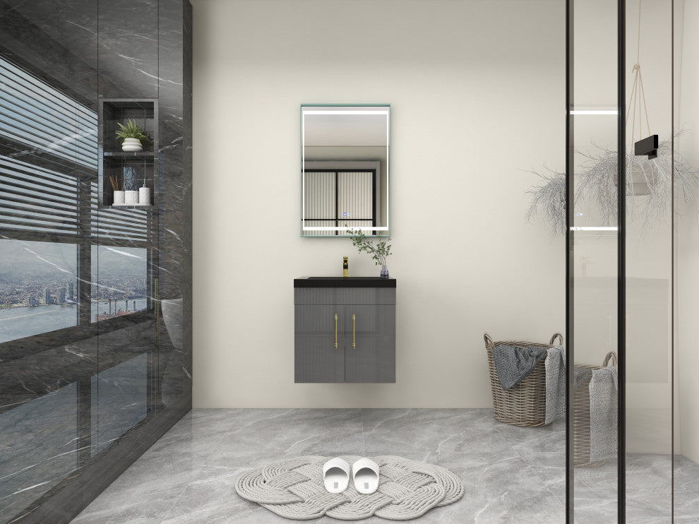 Rosa 24" WALL MOUNTED Modern Vanity, High Gloss Gray, Matt Black Top