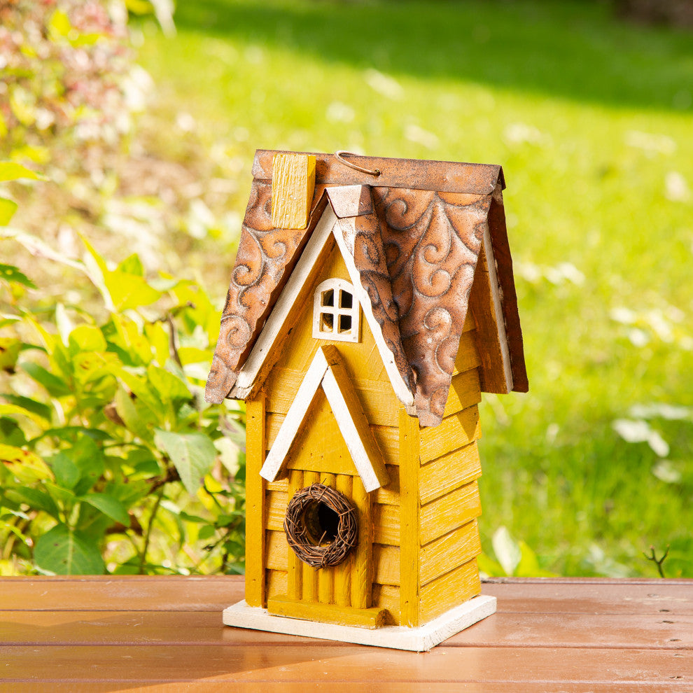 12"H Retro Distressed Solid Wood Cottage Birdhouse