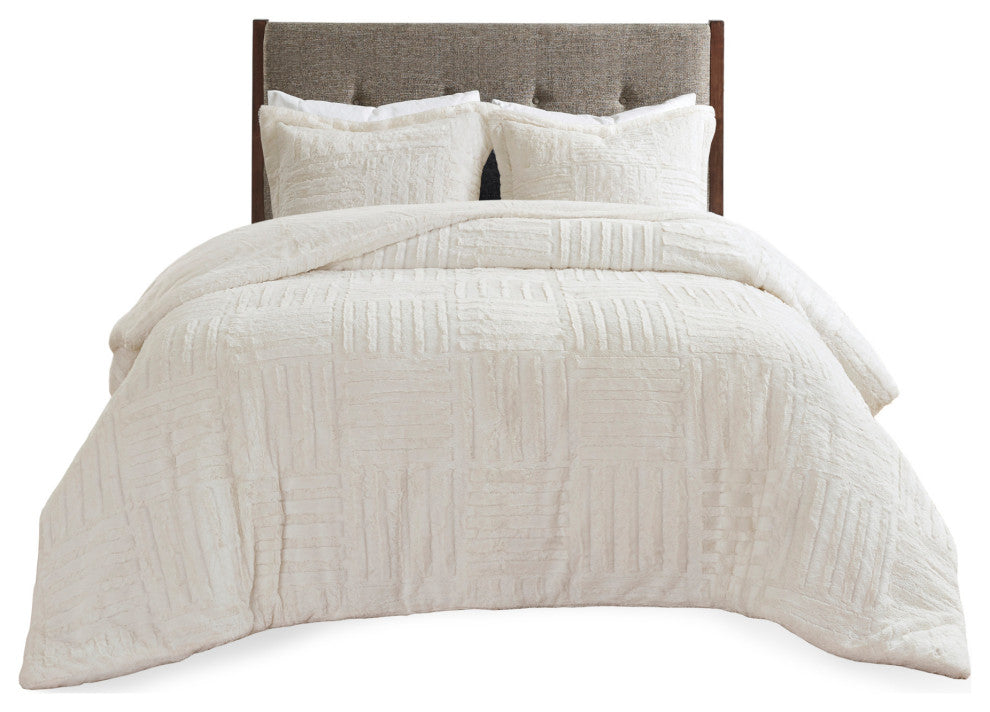 Madison Park Checkboard Brushed Long Fur Comforter Mini Set, Ivory, Full/Queen
