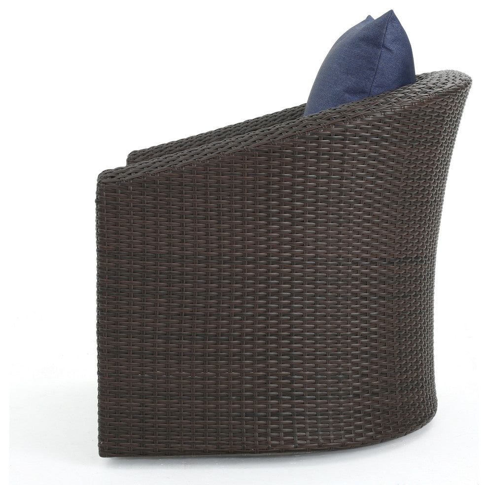 GDF Studio Dillard Outdoor Mix Brown Wicker Swivel Club Chair, Navy Blue, Set of 4