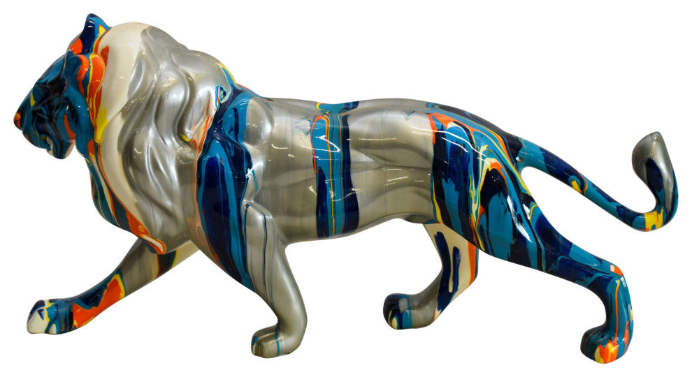 Roaming Multicolored Lion Resin Statue 19" x 5" x 9"H