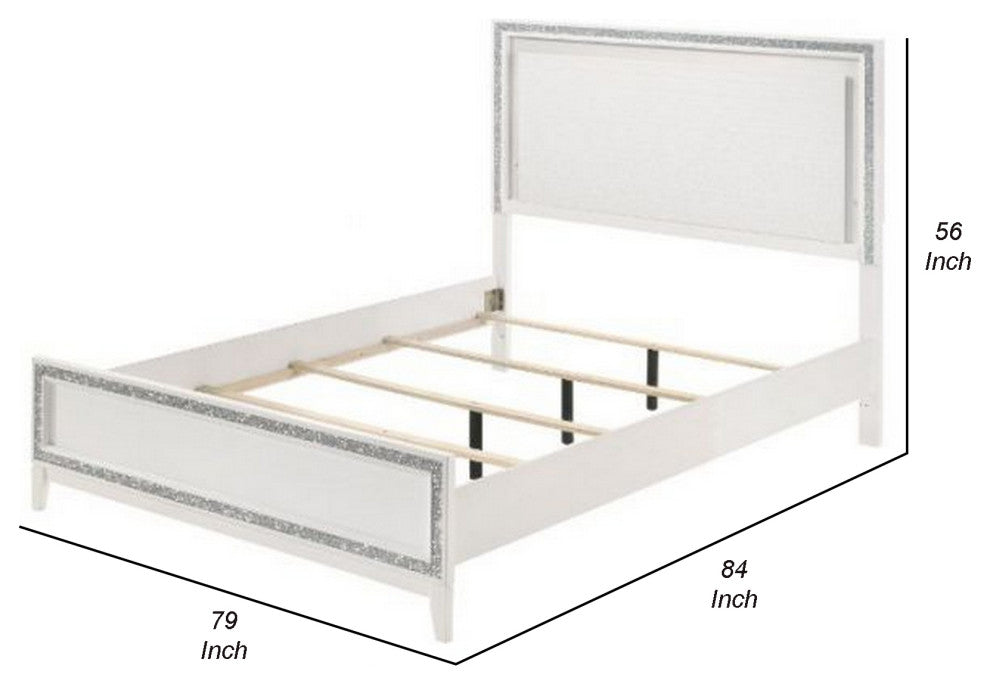 Benzara BM266526 Eastern King Bed With LED Headboard and Shimmering Trim, White