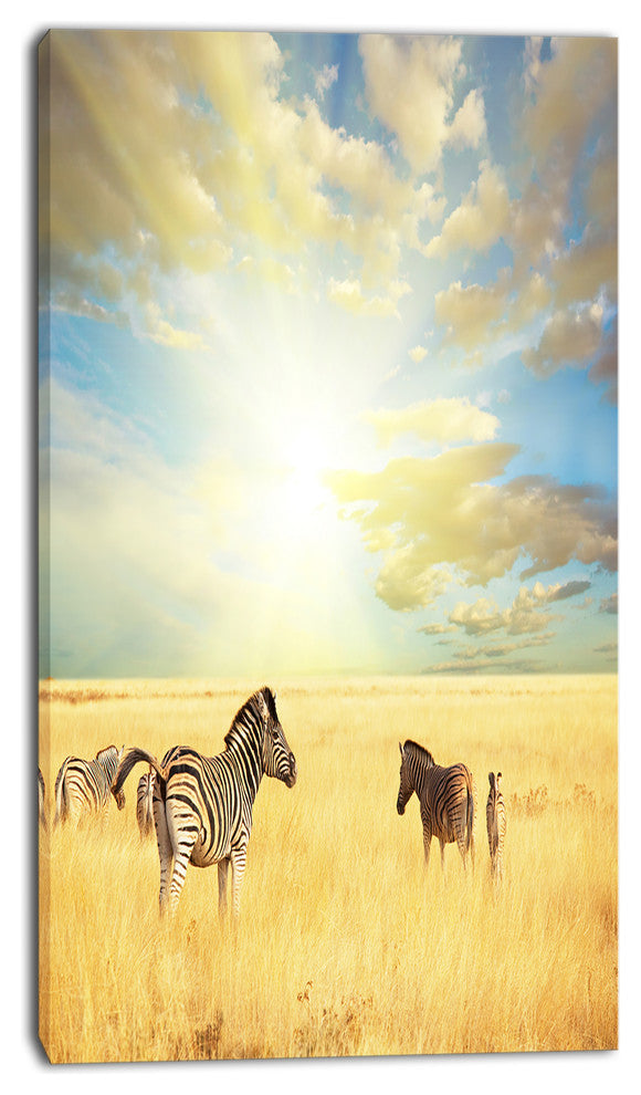 Sunset over Grassland with Zebras, African Landscape Canvas Art Print, 16"x32"