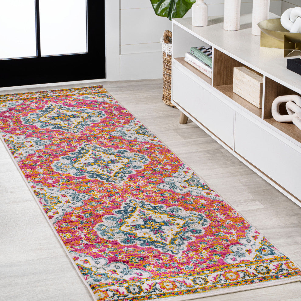 Bohemian FLAIR Boho Vintage Medallion Area Rug, Fuchsia/Ivory, 2 X 8