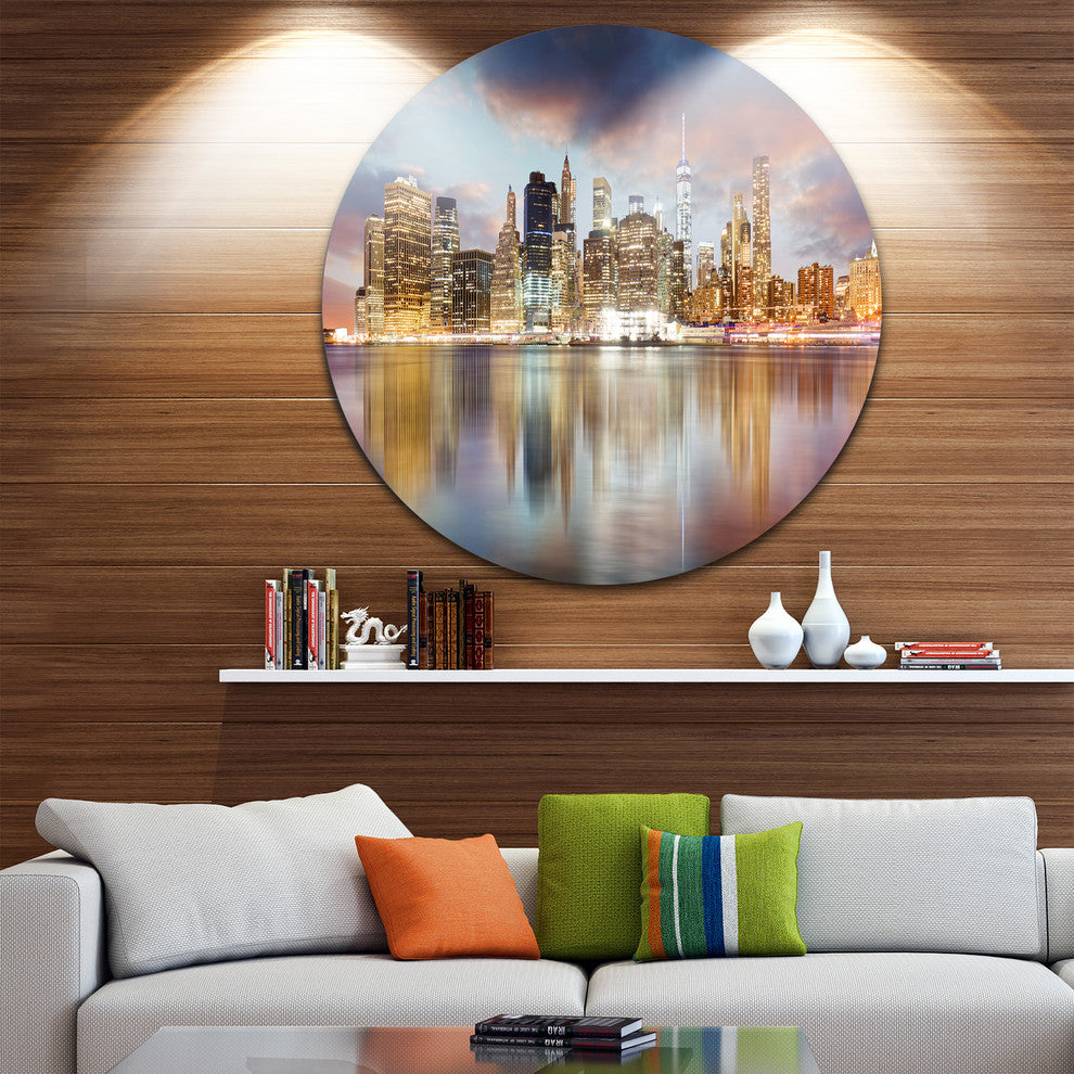 New York Skyline At Sunrise With Reflection., Disc Metal Wall Art, 23"