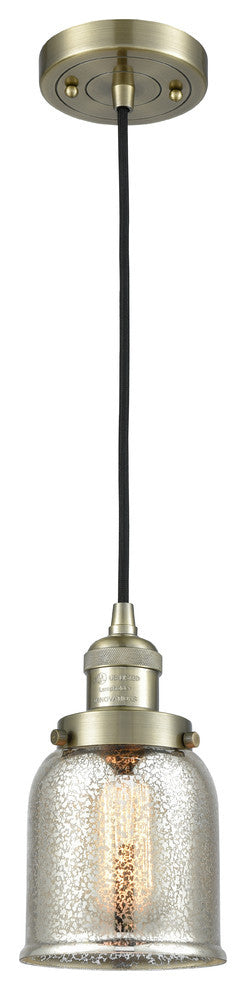 Small Bell 1-Light LED Pendant, Antique Brass, Glass: Silver Mercury