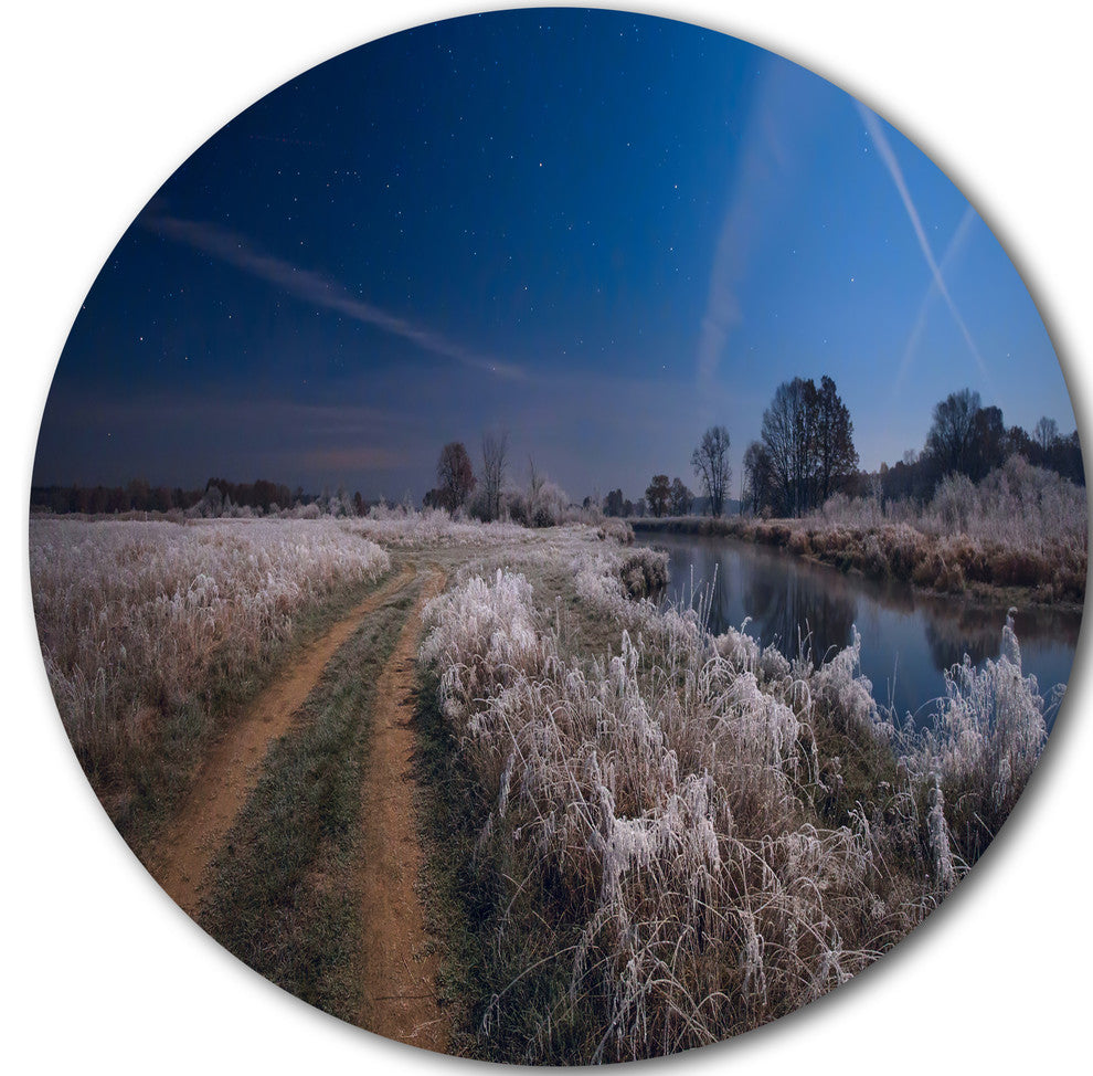 Frosty Fall Night In Moonlight, Landscape Round Metal Wall Art, 23"