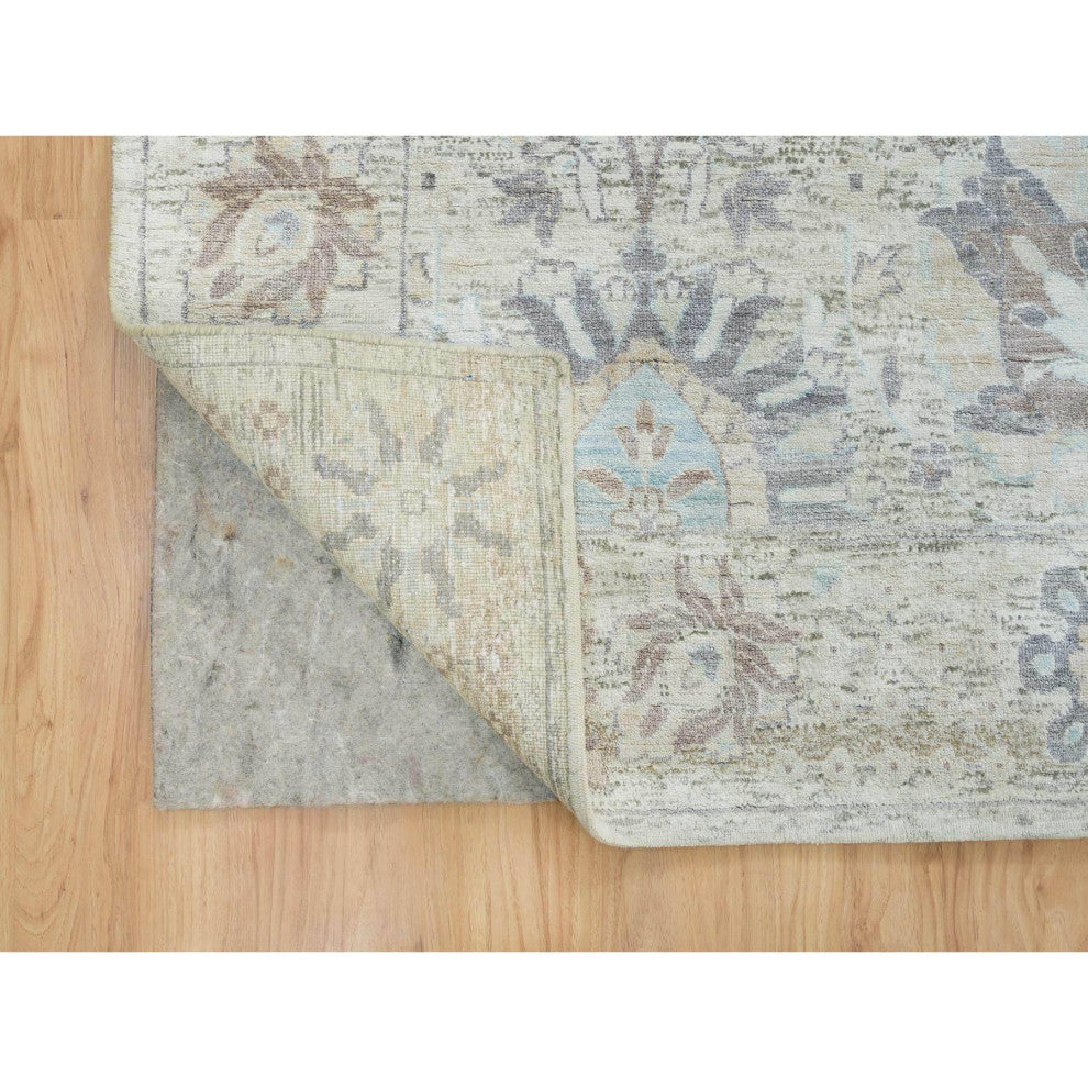 Ivory Silk With Wool Hand Knotted Tebraz Vase Design Oriental Rug, 12'x15'5"