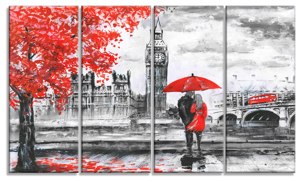 Couples Walking in Paris, Landscape Canvas Art Print, 48"x28", 4 Panels