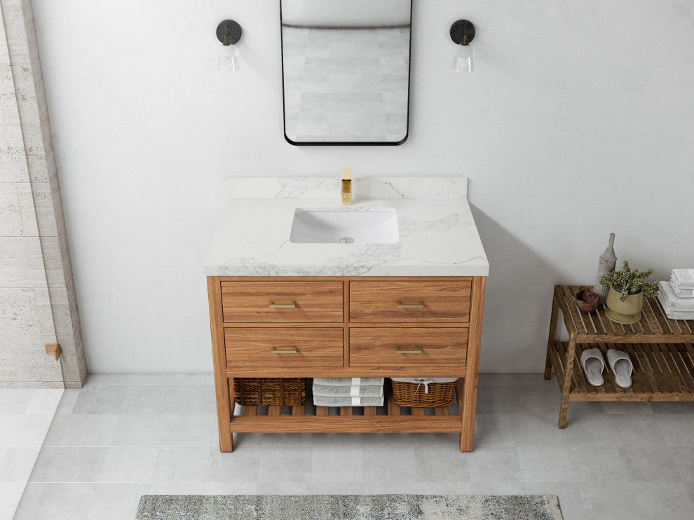 Parker Teak 42" Single Sink Bath Vanity in Golden Teak  2" Calacatta Nuvo