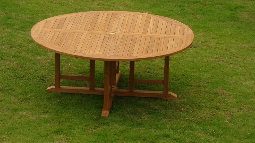 8-Piece Outdoor Teak Dining Set: 72" Round Table, 7 Celo Stacking Arm Chairs
