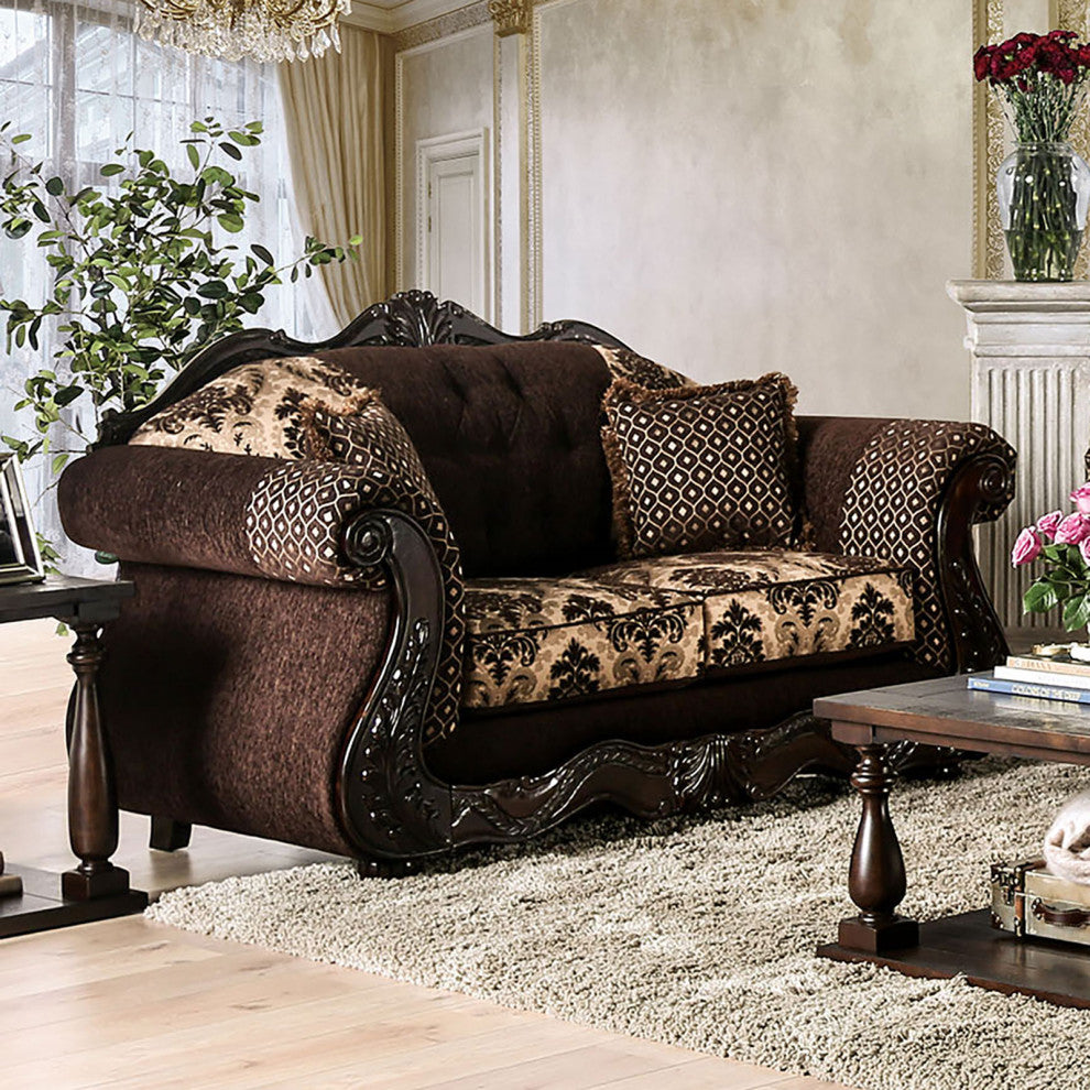 Chenille Love Seat with Button Tufting Design, Dark Brown