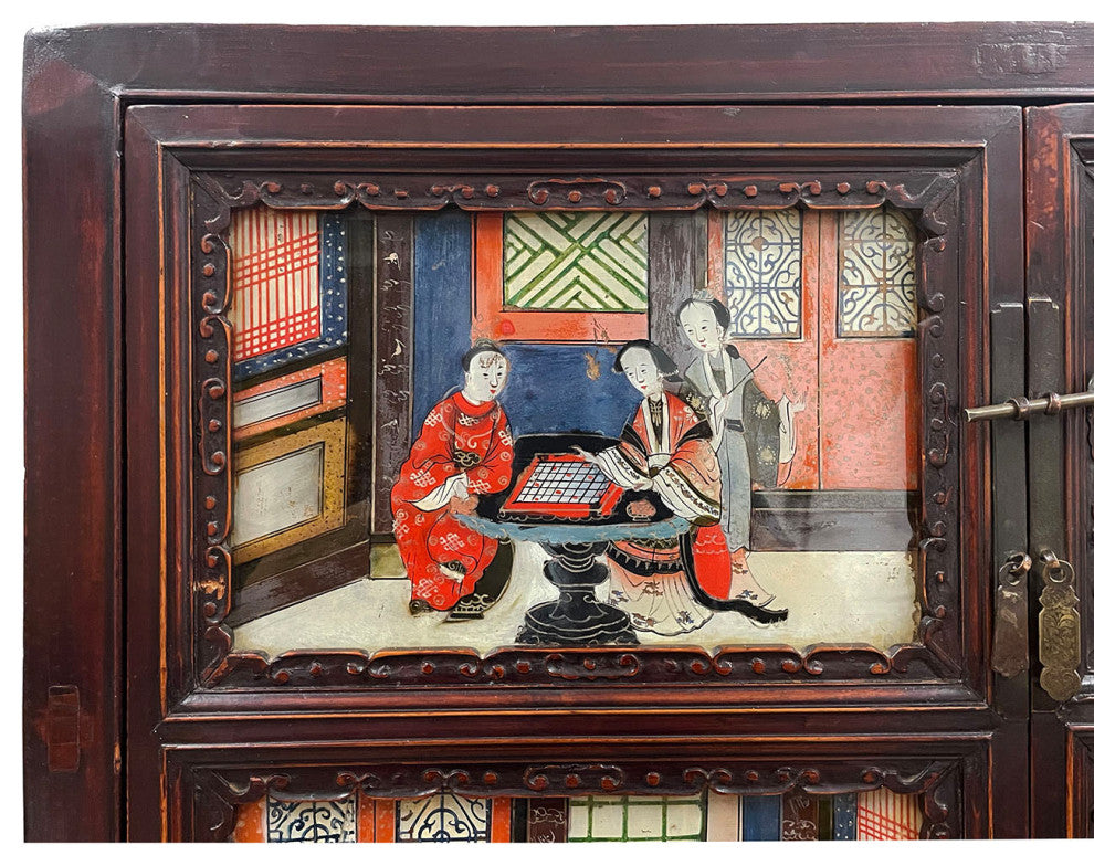 Consigned Antique Chinese Carved Fujian ArmoireWith Reverse Painting Glass Doors