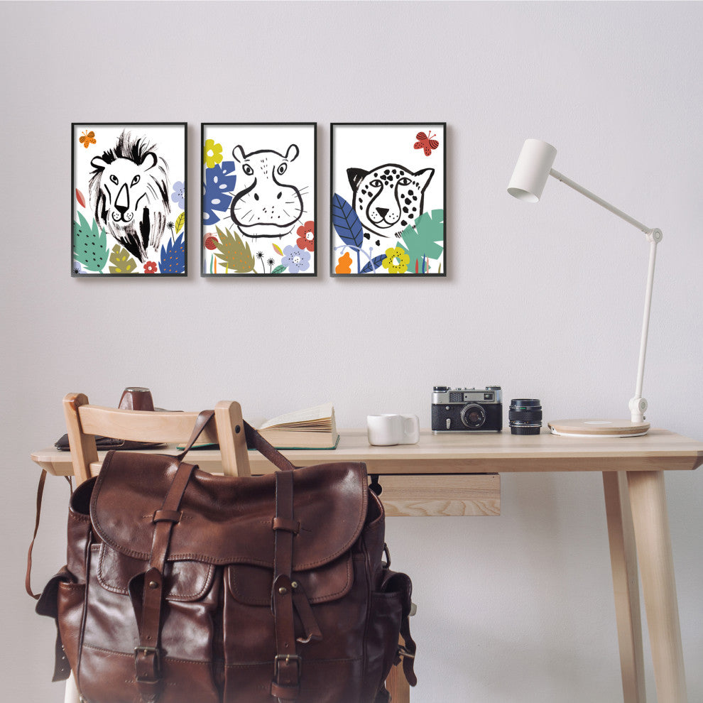 Jungle Animal Kingdom Colorful Kids Pet Illustration, 3pc, each 11 x 14