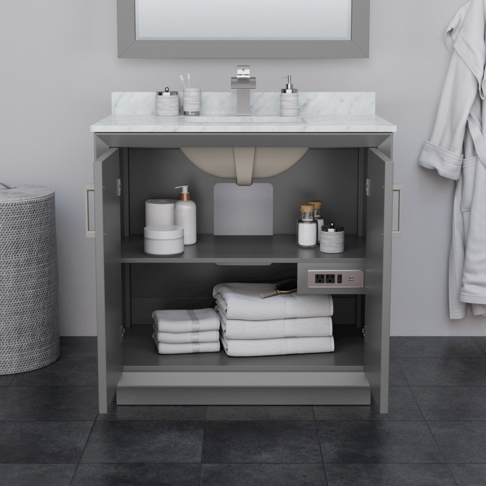 Strada 36" Single Vanity in Gray, White  Marble Top, Sink, Black Trim